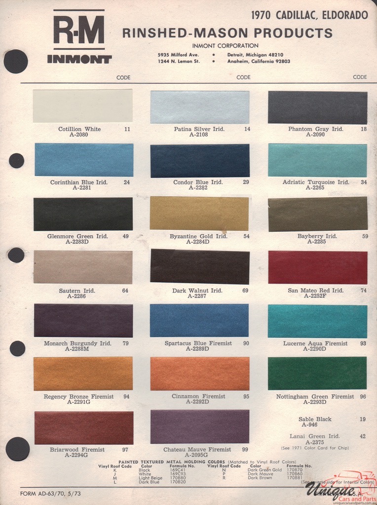 1970 Cadillac Paint Charts RM 1